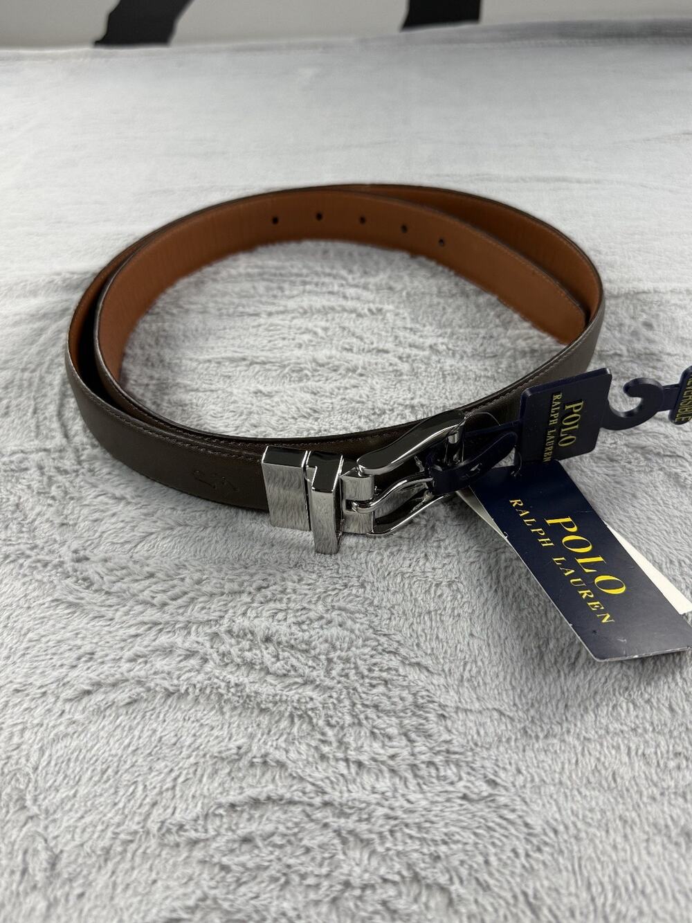 Polo Ralph Lauren Mens Reversible Leather Belt Brown Tan Silver Buckle Size 42